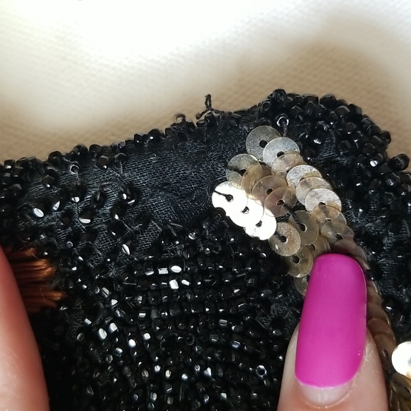 Vintage Black Beaded and Floral Embroidered Clutch Wrislet Purse - Picture 10 of 12